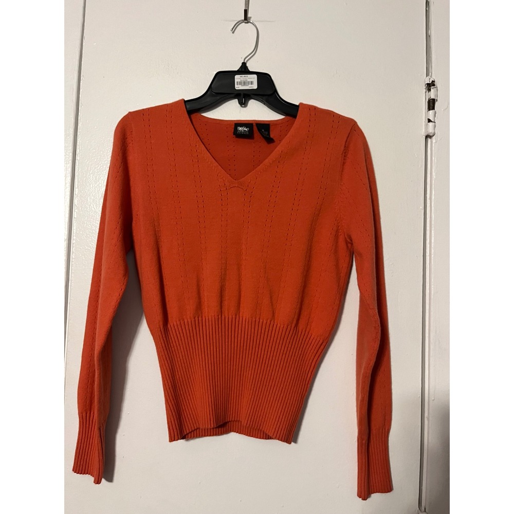 Mossimo Stretch Orange V-Neck Pointelle Ribbed Waist Fitted Sweater Medium